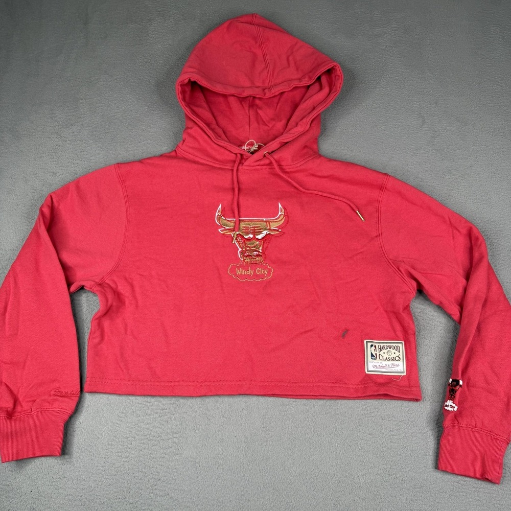 Chicago Bulls Hoodie Womens Large Red NBA‎ Basketball Mitchell Ness HWC Crop